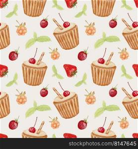 Watercolor seam≤ss pattern withμffins. Watercolor hand pa∫ing with fruit cupcakes. Hand drawing watercolor illustration. Desserts. Sweet background perfect for fabric texti≤or menu wallpaper.. Watercolor seam≤ss pattern withμffins. Watercolor hand pa∫ing with fruit cupcakes. Hand drawing watercolor illustration. Desserts. Sweet background perfect for fabric texti≤or menu wallpaper