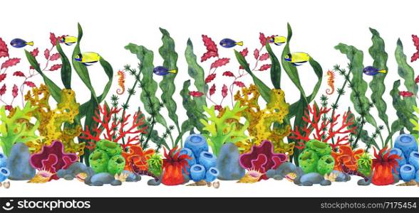 Watercolor seamless border underwater world of corals and fishes. Hand made illustration endless drawing on white background. For design of cards, invitation, textile or print.