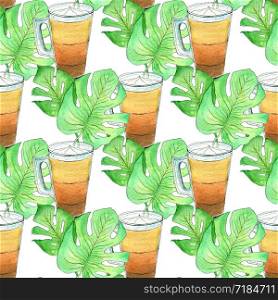 Watercolor seamless coffee pattern. Hand paint watercolor tropical coffee background. Can be used for wrapping, textile and package design