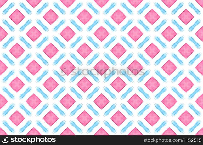 Watercolor seamless geometric pattern design illustration. Background texture. In pink, blue and white colors.