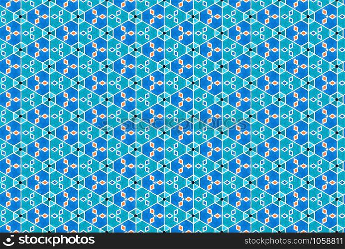 Watercolor seamless geometric pattern. In blue, turquoise, orange, white and black colors.