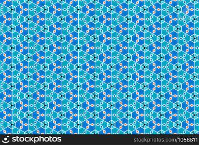 Watercolor seamless geometric pattern. In blue, turquoise, orange, white and black colors.
