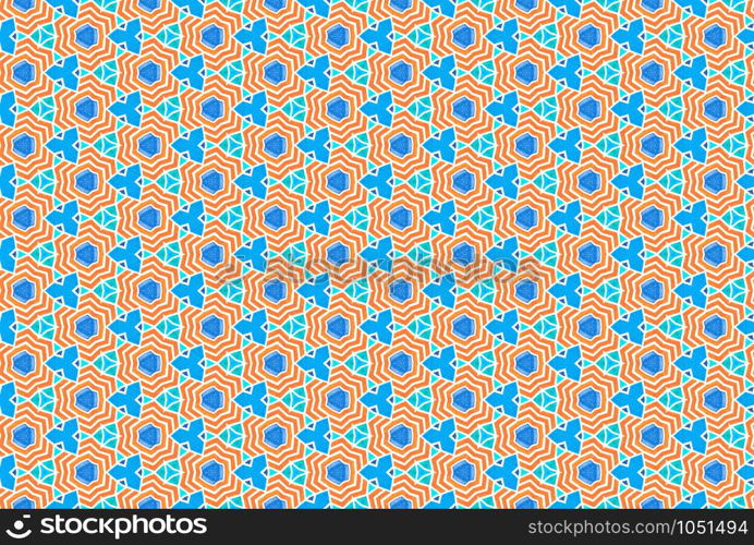 Watercolor seamless geometric pattern. In orange, blue, turquoise and white colors.