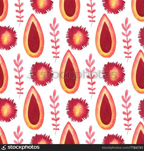 Watercolor seamless pattern. Bright background in hot red and orange colors. Can be used for wrapping paper and fabric design. Watercolor seamless pattern. Bright background in hot red and orange colors. Can be used for wrapping paper and fabric design.