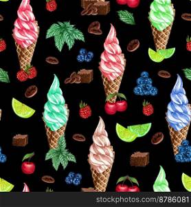 Watercolor seamless pattern fruit icecream a cone. Hand painted sweet summer dessert. Ice cream seamless background. Watercolor seamless pattern fruit icecream a cone. Hand painted sweet summer dessert. Ice cream seamless background.
