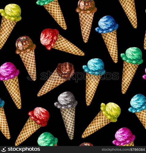 Watercolor seamless pattern fruit icecream a cone. Hand painted sweet summer dessert. Ice cream seamless background. Watercolor seamless pattern fruit icecream a cone. Hand painted sweet summer dessert. Ice cream seamless background.