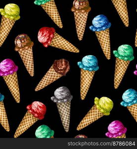 Watercolor seamless pattern fruit icecream a cone. Hand painted sweet summer dessert. Ice cream seamless background. Watercolor seamless pattern fruit icecream a cone. Hand painted sweet summer dessert. Ice cream seamless background.