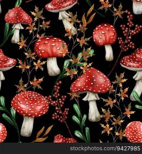 Watercolor seamless pattern nature painting. Fall poison red mushroom background. Hand drawn red mushroom illustration. Cloth pattern. Autumn print. Watercolor seamless pattern nature painting. Fall poison red mushroom background. Hand drawn red mushroom illustration. Cloth pattern. Autumn print.