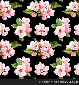 Watercolor seamless pattern of cherry flowers and leaves. Floral repeating pattern with hand drawn apple blossom branch.