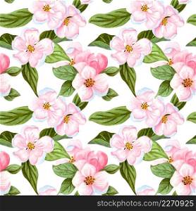 Watercolor seamless pattern of cherry flowers and leaves. Floral repeating pattern with hand drawn apple blossom branch.