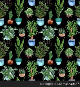 Watercolor Seamless pattern of different house plants. Hand drawn indoor green plants in flower pots. Decorative greenery backdrop perfect for fabric textile, scrapbooking or wrapping paper.