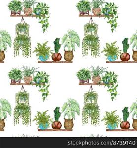 Watercolor Seamless pattern of different house plants. Hand drawn indoor green plants in flower pots. Decorative greenery backdrop perfect for fabric textile, scrapbooking or wrapping paper.