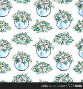 Watercolor seamless pattern of glass vase with flower bouquet inside on a white background. Watercolor illustration of jar with bouquet of chamomile flowers. Spring wildflowers bouquet. Watercolor seamless pattern of glass vase with flower bouquet inside on a white background.