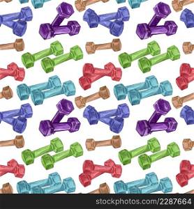 Watercolor seamless pattern of gym, sport or fitness stuff on white. Repetating background with sports elements perfect for gretting gift paper or card making. I love sport
