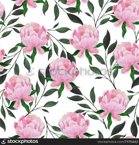 Watercolor seamless pattern of peonies and plant branches. Hand made illustration on white background. For the design of postcards, textile, wallpaper or print.