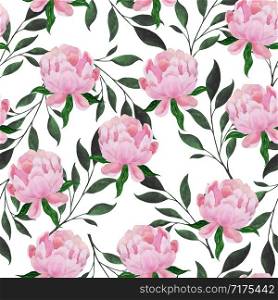 Watercolor seamless pattern of peonies and plant branches. Hand made illustration on white background. For the design of postcards, textile, wallpaper or print.