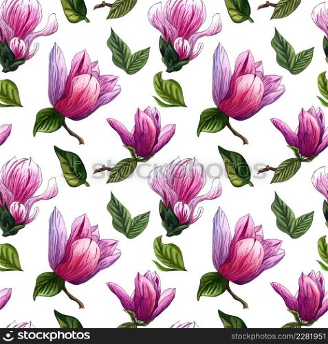 Watercolor seamless pattern of pink Magnolia flowers. Botanical seamless pattern. Magnolia Branch with flowers and leaves.