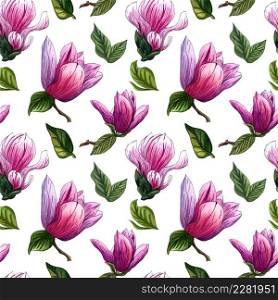 Watercolor seamless pattern of pink Magnolia flowers. Botanical seamless pattern. Magnolia Branch with flowers and leaves.