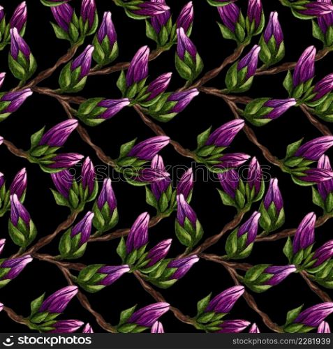 Watercolor seamless pattern of pink Magnolia flowers. Watercolor magnolia hand drawn seamless pattern on black background. Botanical flowers elements for your design. Magnolia Branch with flowers and leaves.