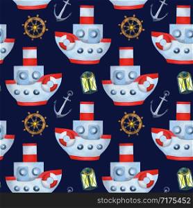 Watercolor seamless pattern ships on a blue background. Children?s illustration for textile, design or print. Handmade watercolor illustration.