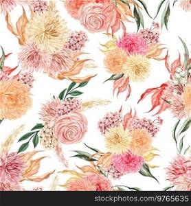 Watercolor seamless pattern with autumn flowers chrysanthemums, ranunculus, berries and leaves. Illustration. Watercolor seamless pattern with autumn flowers chrysanthemums, ranunculus, berries and leaves. 