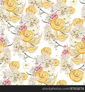 Watercolor seamless pattern with autumn flowers chrysanthemums, ranunculus, berries and leaves. Illustration. Watercolor seamless pattern with autumn flowers chrysanthemums, ranunculus, berries and leaves.