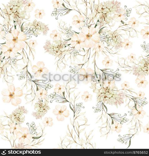  Watercolor seamless pattern with autumn wildflowers, berries and leaves. Illustration.  Watercolor seamless pattern with autumn wildflowers, berries and leaves.