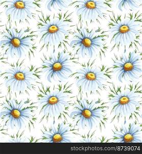 Watercolor seamless pattern with big chamomile flowers. Hand drawn beckground with white wildflowers perfect for decorating textiles, packaging, wallpaper.