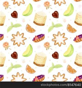 Watercolor Seamless Pattern with Cake. Pattern with Citrus Slice, Mint Leaves, Gingerbread, Chocolate Candy. Homemade Baking and Desserts. Delicate design for Menu, Dessert Packaging and Scrapbooking. Watercolor Seamless Pattern with Cake. Pattern with Citrus Slice, Mint Leaves, Gingerbread, Chocolate Candy. Homemade Baking and Desserts. Delicate design for Menu, Dessert Packaging and Scrapbooking.