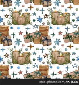 Watercolor seamless pattern with Christmas gift boxes. Hand painted presents in crafting paper with bow isolated on white background. Holiday illustration for design, print, fabric or background