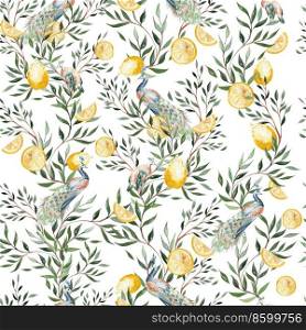 Watercolor seamless pattern with citrus and leaves, bird beacoc. Illustration. Watercolor seamless pattern with citrus and leaves, bird beacoc