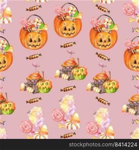 Watercolor seamless pattern with cotton candy, pumpkin and halloween sweets. Watercolor illustration on pink background. Wallpaper design. For card, poster, t shirt, decor, party, apparel, bed linen. Watercolor seamless pattern with different halloween sweets
