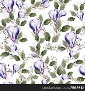 Watercolor seamless pattern with crocus flowers and leaves. Illustration. Watercolor seamless pattern with crocus flowers and leaves.