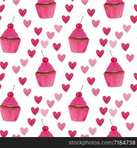 Watercolor seamless pattern with cupcakes and hearts. Package design or wrapping, textile design. Watercolor seamless pattern with cupcakes and hearts. Package design or wrapping, textile design.