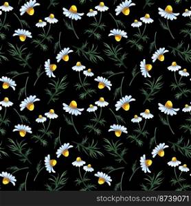 Watercolor seamless pattern with different chamomile flowers and leaves. Hand drawn beckground with white wildflowers perfect for decorating textiles, packaging, wallpaper.