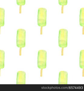 Watercolor seamless pattern with green ice cream on a white background