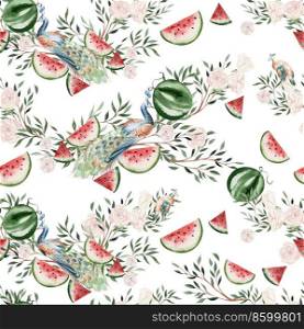 Watercolor seamless pattern with  green leaves and watermelon. Illustration. Watercolor seamless pattern with  green leaves and watermelon. 