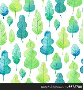 Watercolor seamless pattern with green leaves on a white background. 