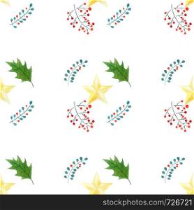 watercolor seamless pattern with hand draw Christmas and New Year elements.:golden stars,holly berries and leaves.holidays design. watercolor seamless pattern with hand draw Christmas and New Year elements.:golden stars,holly berries and leaves.holidays design.