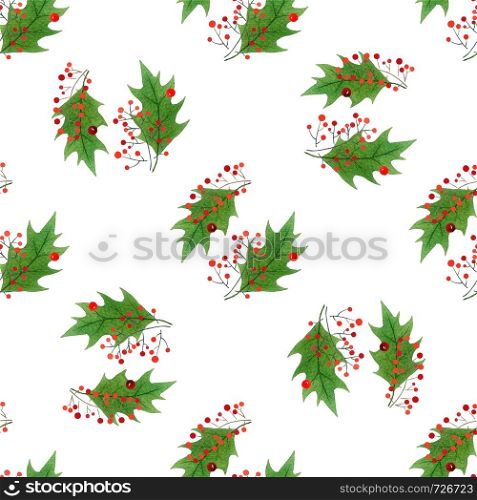 watercolor seamless pattern with hand draw Christmas and New Year elements.:holly berries and leaves. watercolor seamless pattern with hand draw Christmas and New Year elements.:holly berries and leaves.wrapping paper design.