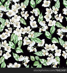 Watercolor seamless pattern with jasmine and leaves.  Illustration. Watercolor seamless pattern with jasmine and leaves. 