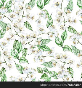 Watercolor seamless pattern with jasmine and leaves.  Illustration. Watercolor seamless pattern with jasmine and leaves.