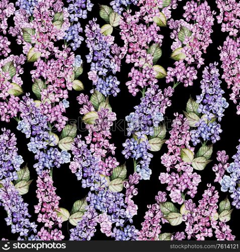 Watercolor seamless pattern with lilac flowers and leaves.