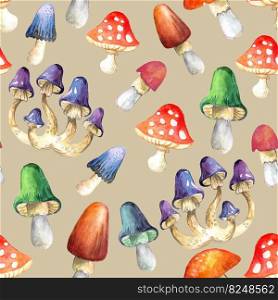 Watercolor seamless pattern with mushrooms and toadstool. Watercolor illustration on beige background. Wallpaper design. For card, poster, t shirt, decor, packaging paper, apparel and bed linen.. Watercolor seamless pattern with mushrooms in different colors