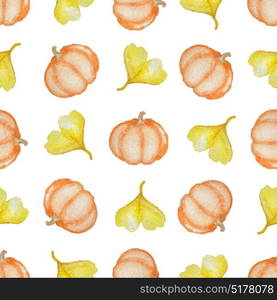 Watercolor seamless pattern with orange ripe pumpkin and yellow leaves on a white background