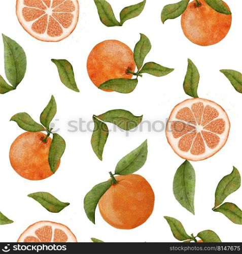 Watercolor seamless pattern with oranges and leaves. Citrus bright pattern. Slice of orange with tangerine and leaves. Watercolor fruit background. Organic product for healthy food design, menu. Watercolor seamless pattern with oranges and leaves. Citrus bright pattern. Slice of orange with tangerine and leaves. Watercolor fruit background. Organic product for healthy food design, menu.
