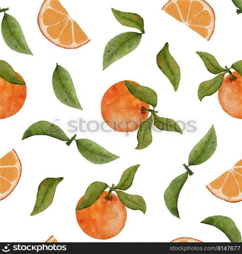 Watercolor seamless pattern with oranges and leaves. Citrus bright pattern. Slice of orange with tangerine and leaves. Watercolor fruit background. Organic product for healthy food design, menu. Watercolor seamless pattern with oranges and leaves. Citrus bright pattern. Slice of orange with tangerine and leaves. Watercolor fruit background. Organic product for healthy food design, menu.