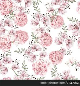 Watercolor seamless pattern with peony flowers and delphinium. Illustration.. Watercolor seamless pattern with peony flowers and delphinium.