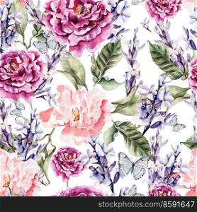 Watercolor seamless pattern with peony flowers and lavender. Illustrations. Watercolor seamless pattern with peony flowers and lavender.