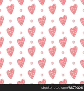 Watercolor seamless pattern with pink hearts and dots. Watercolor seamless pattern with pink hearts and dots.